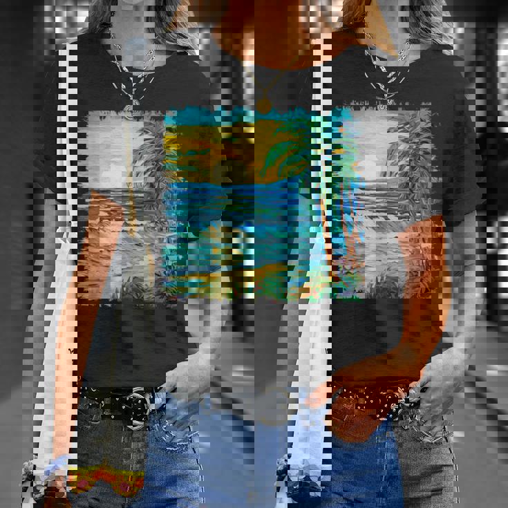 トロピカルビーチ 太陽 オーシャン ヤシの木 ゴッホスタイル アートデザイン Tシャツ 彼女への贈り物