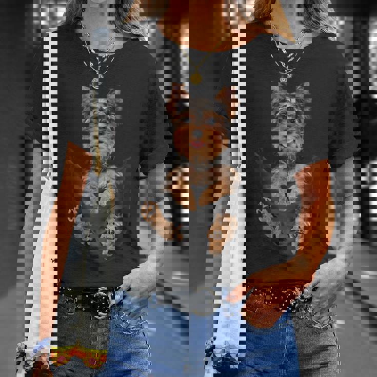 ドッグラバーズギフト ヨークシャーテリア ポケット入り 面白い犬の顔 Tシャツ 彼女への贈り物