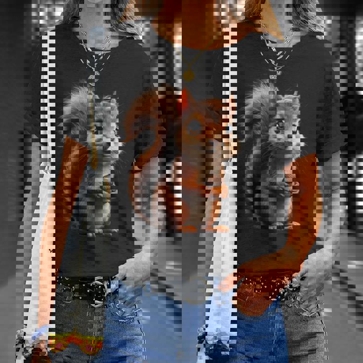 ドングリを持ったかわいいリスのデザイン Tシャツ 彼女への贈り物