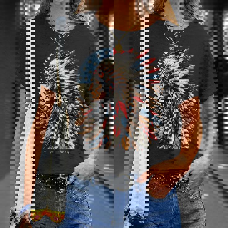 ネイティブアメリカン インディアン チーフ アメリカ国旗 先住民 Tシャツ 彼女への贈り物