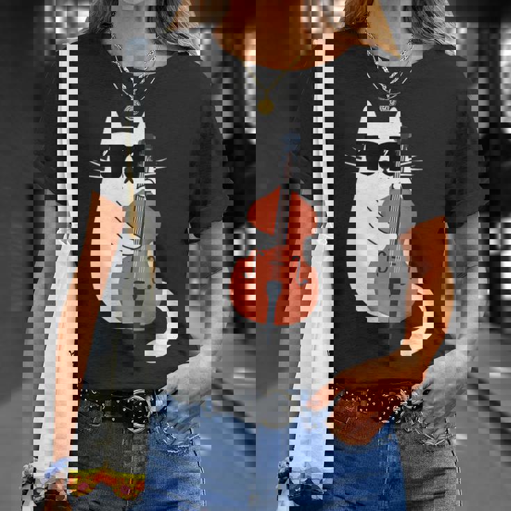 ネコとコントラバス 猫とサングラス ネコ好き 猫飼い コントラバス ウッドベース ダブルベース ジャズ音楽 ネコ 猫 Tシャツ 彼女への贈り物