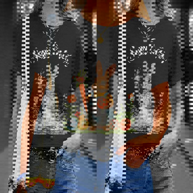ハッピーイースターバニーニンジンイースターエッグ イースターラビットアートワーク Tシャツ 彼女への贈り物