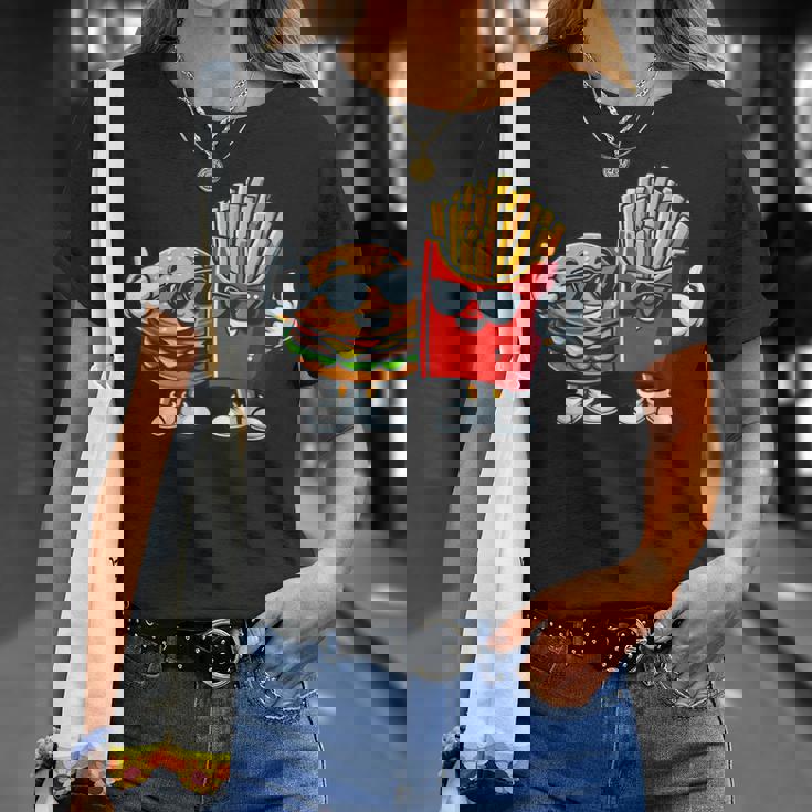 ハンバーガーフライドポテトファーストフード愛好家アート 面白いユーモアコンボプリント Tシャツ 彼女への贈り物