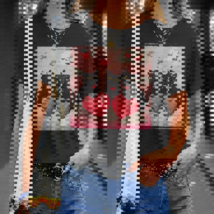 ハートのある黒猫 バレンタインデー アートペインティング Tシャツ 彼女への贈り物