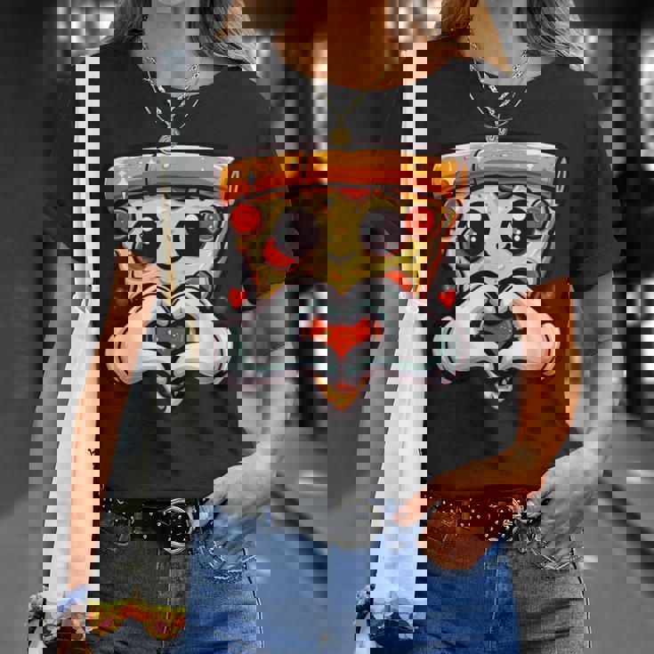 ハートの手でペパロニピザのスライス、かわいいピザ Tシャツ 彼女への贈り物