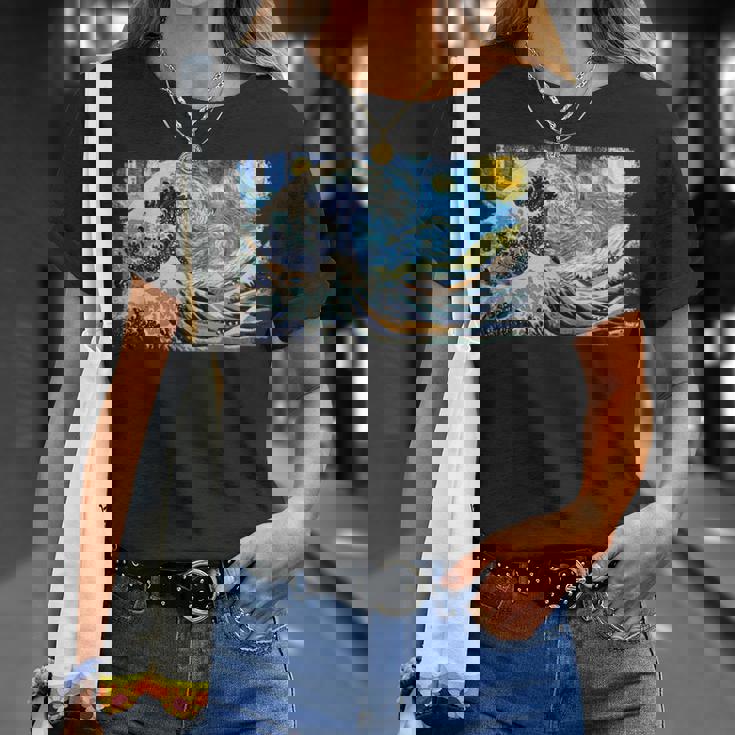 バンゴッホの星空と北斎の富嶽三十六景波絵の融合 Tシャツ 彼女への贈り物