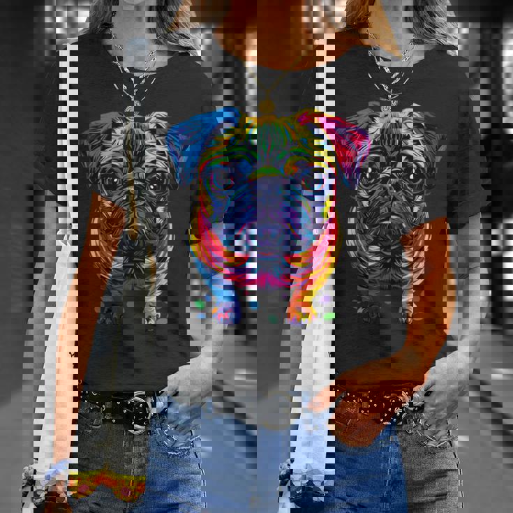 パグ犬 カラフルカラー ポップアート レインボー カーリン キュート パグ Tシャツ 彼女への贈り物