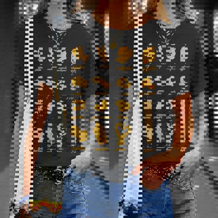 パスタタイプの麺スパゲッティ、ペンネ、トルテリーニ、ファルファッレ Tシャツ 彼女への贈り物