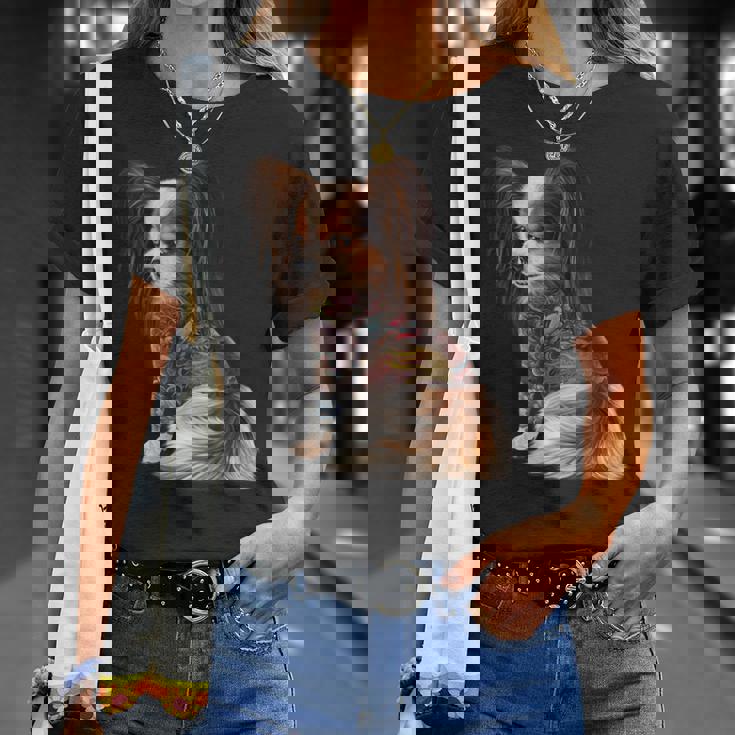 パピヨン犬 日本の伝統的なドラゴンタトゥー イレズミ Tシャツ 彼女への贈り物