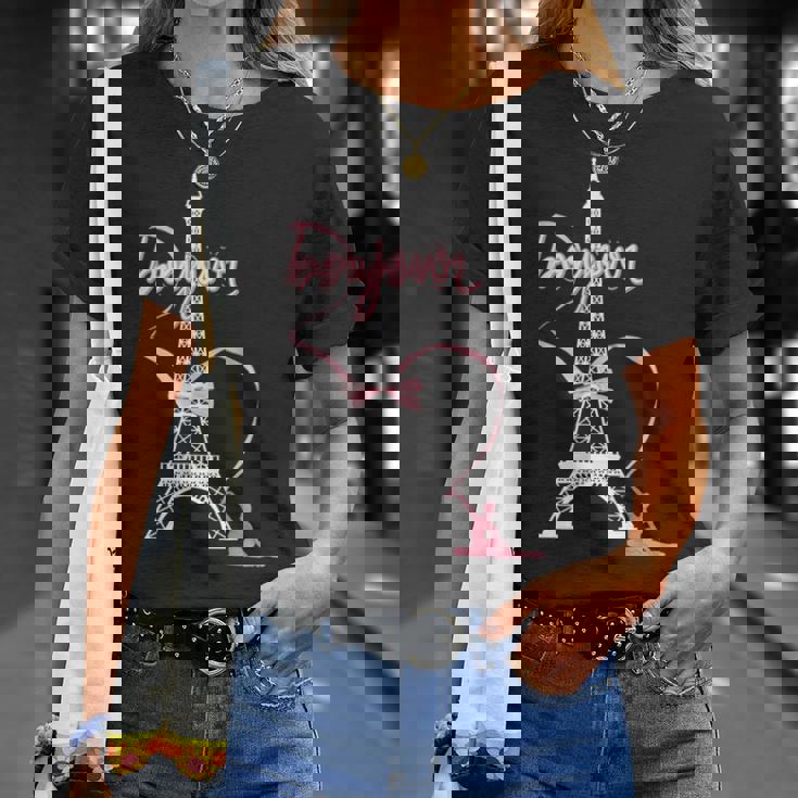 パリフランス エッフェル塔 ボンジュール 体操リボンとリボン Tシャツ 彼女への贈り物