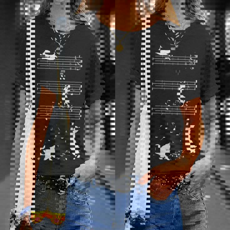 ピアノ音符 遊び心のある猫 Tシャツ 彼女への贈り物