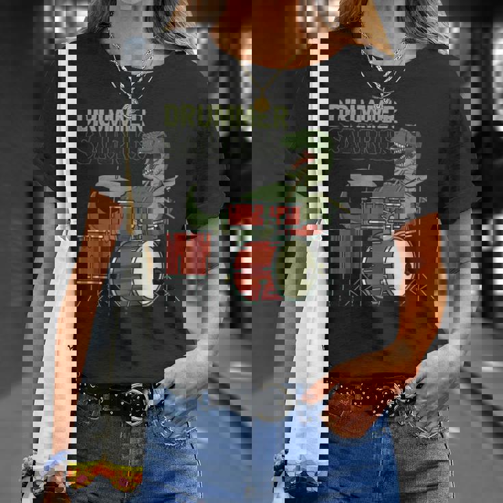 ファニー ドラマーサウルスレックス 恐竜ドラマー ギフト 恐竜ドラム Tシャツ 彼女への贈り物