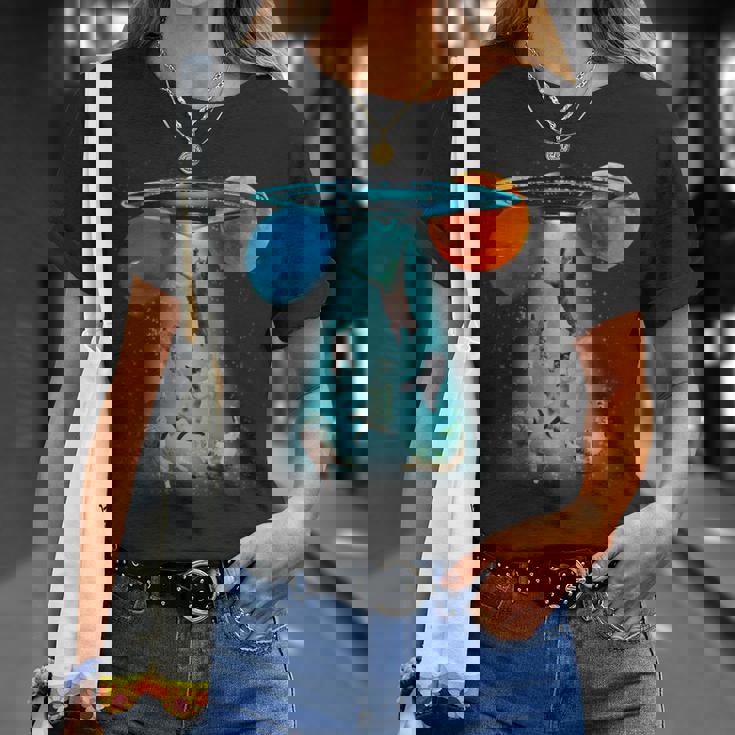 ファニースペースキャット Ufo 宇宙人 空飛ぶ猫 ギャラクシープラネット グラフィック Tシャツ 彼女への贈り物