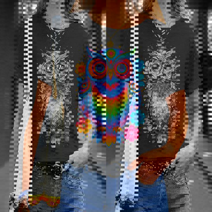 フクロウと花 カラフルなアートワーク フクロウの恋人 Tシャツ 彼女への贈り物