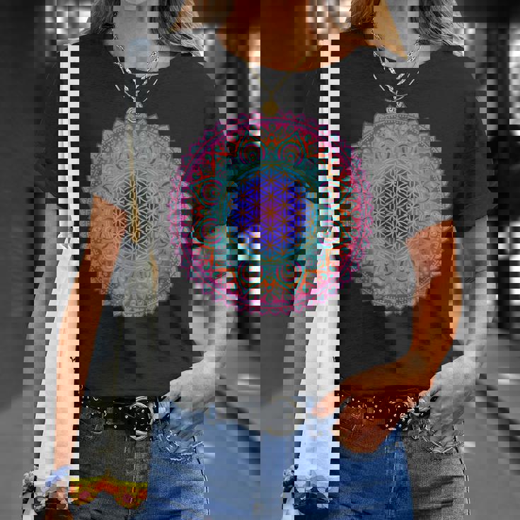 フラワー・オブ・ライフシンボル 民間伝承 マンダラ 5 ファン ファン ファン Tシャツ 彼女への贈り物