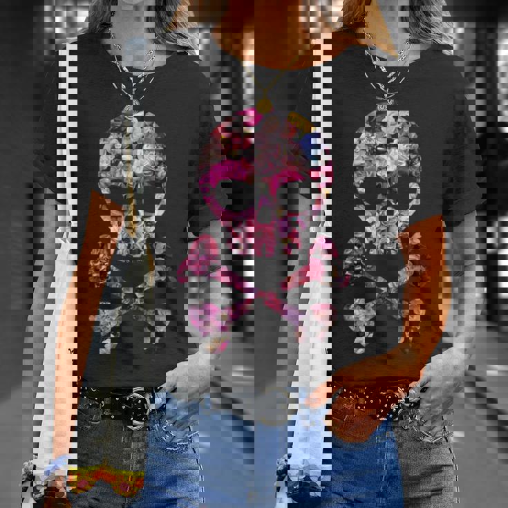 フローラルローズスカルフラワープリント Tシャツ 彼女への贈り物