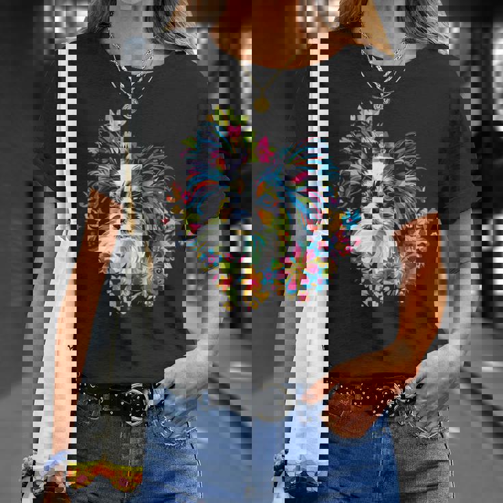 フローラル・ポップ・アート カラフルなパピヨン Tシャツ 彼女への贈り物