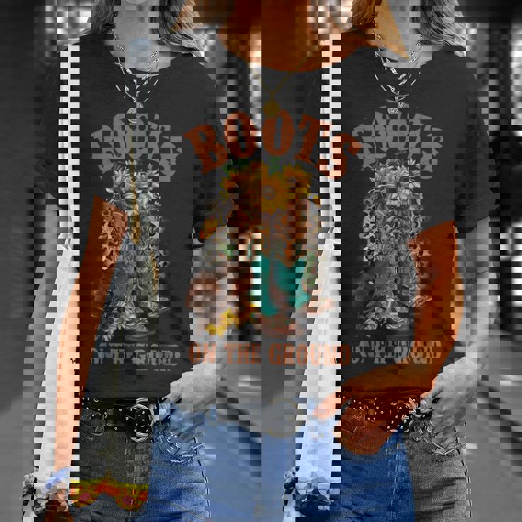 ブーツ オン ザ グラウンド ウエスタン サザン カントリー ロデオ カウガール Tシャツ 彼女への贈り物