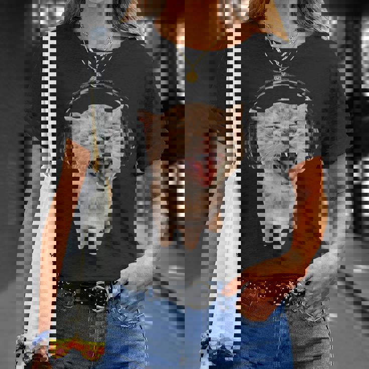 ヘッドフォン付き猫 ミーム Tシャツ 彼女への贈り物