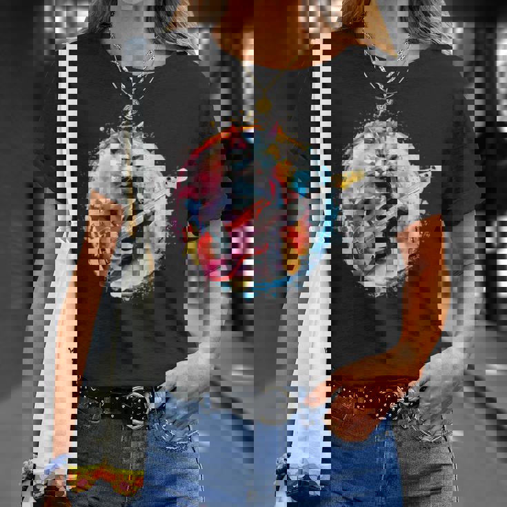 ベースギターを弾く猫水彩グラフィックデザイン Tシャツ 彼女への贈り物