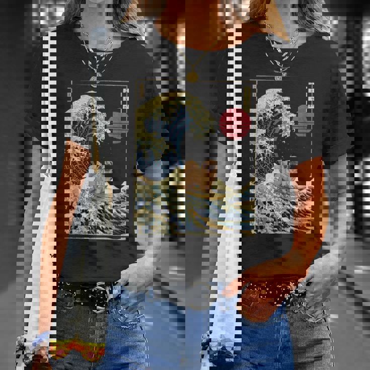 ペキニーズ日本神奈川波 おもしろサーフドッグ Tシャツ 彼女への贈り物