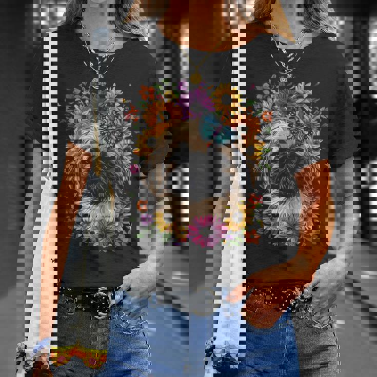 ペキニーズ犬 キュート 花柄 ひまわり コテージコア ママ お父さん Tシャツ 彼女への贈り物