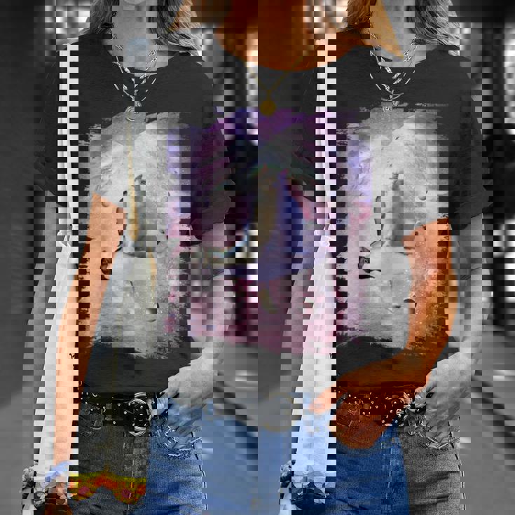 ペンギンに乗る宇宙猫 Tシャツ 彼女への贈り物