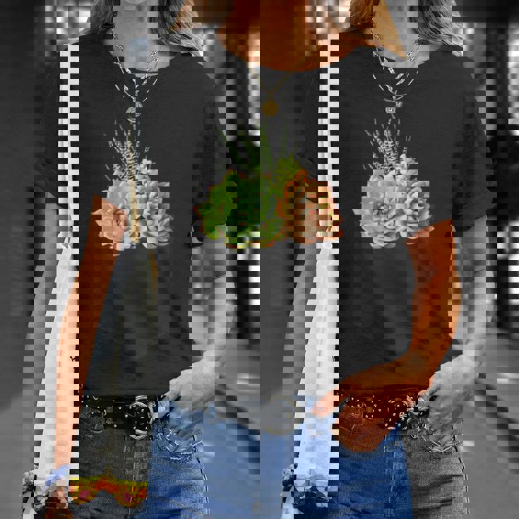 ポケットに入った多肉植物、胸にエケベリアセダム Tシャツ 彼女への贈り物