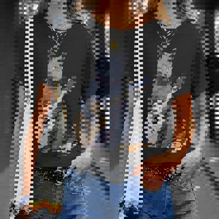 ミュージシャン ロシアンブルー猫 ギタリスト 猫とギター Tシャツ 彼女への贈り物