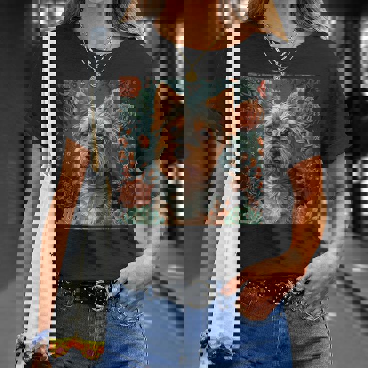 ヨークシャーテリア、ボーホースタイルのグラフィックの周りに多肉植物が描かれています。 Tシャツ 彼女への贈り物