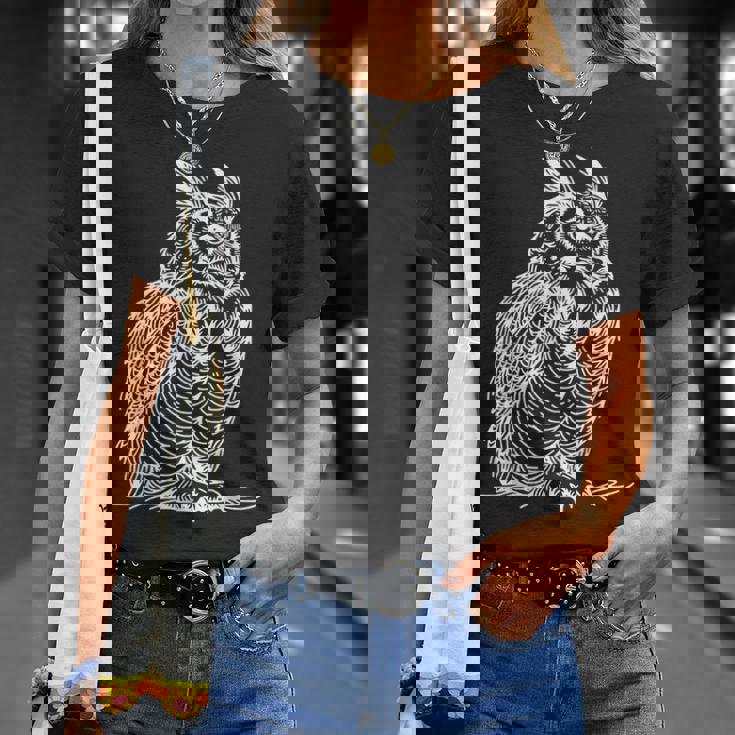 ラインアート 鳥・鳥類学者 オオツノフクロウ Tシャツ 彼女への贈り物