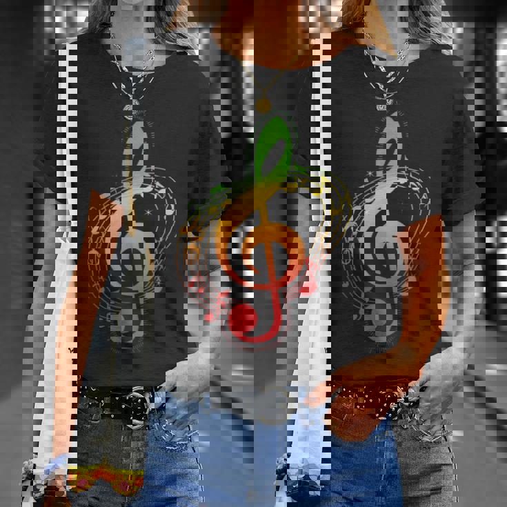 ラスタカラー音符、ジャマイカ風音楽、レゲエ Tシャツ 彼女への贈り物