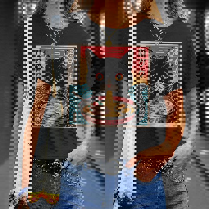 ラーメンと黒猫 和風ビンテージ Tシャツ 彼女への贈り物