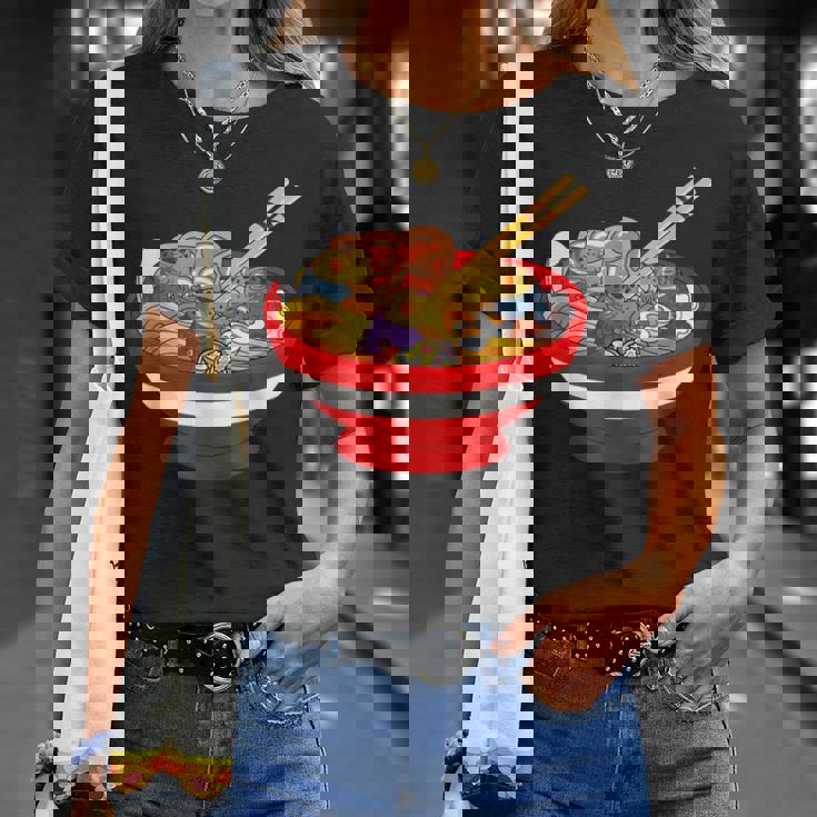 ラーメンを食べる三匹のかわいいカエルのお揃い アニメ恋人 食通 Tシャツ 彼女への贈り物