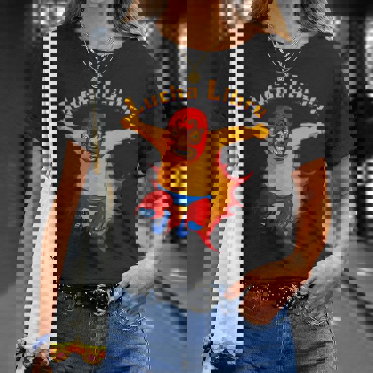 ルチャリブレメキシコ覆面レスラー漫画アクションポーズ Tシャツ 彼女への贈り物