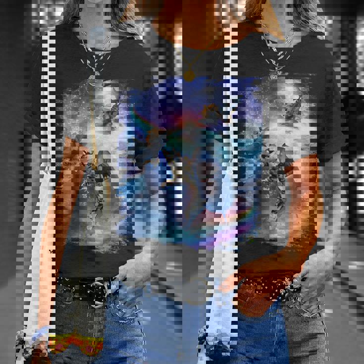 レインボーギャラクシー 宇宙に乗るサメに乗る猫 Tシャツ 彼女への贈り物