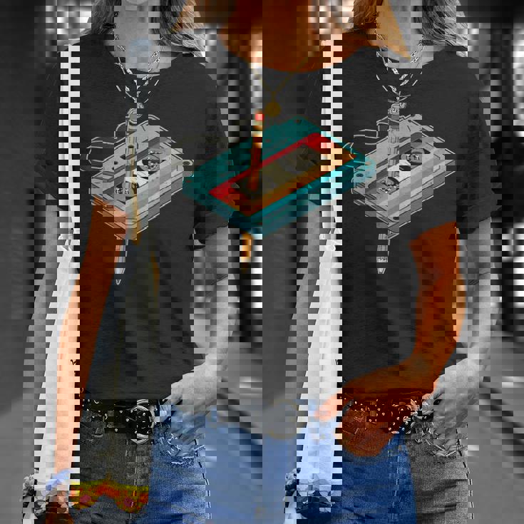 レトロ カセット テープ ペンシル 80 年代 90 年代の音楽ミックステープの振り返り Tシャツ 彼女への贈り物