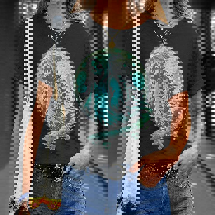 レトロ スケーター オバケ スカル スケートボード ハロウィン 不気味 スケルトン 骸骨 面白い ギフト ストリート Tシャツ 彼女への贈り物