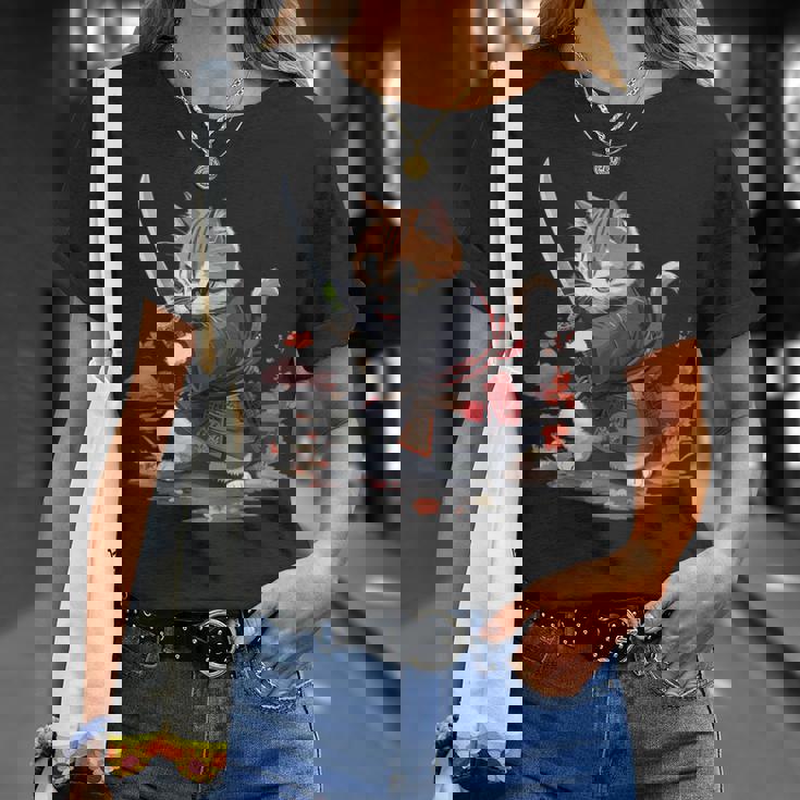 レトロな日本の侍猫グラフィック 猫愛好家 Tシャツ 彼女への贈り物