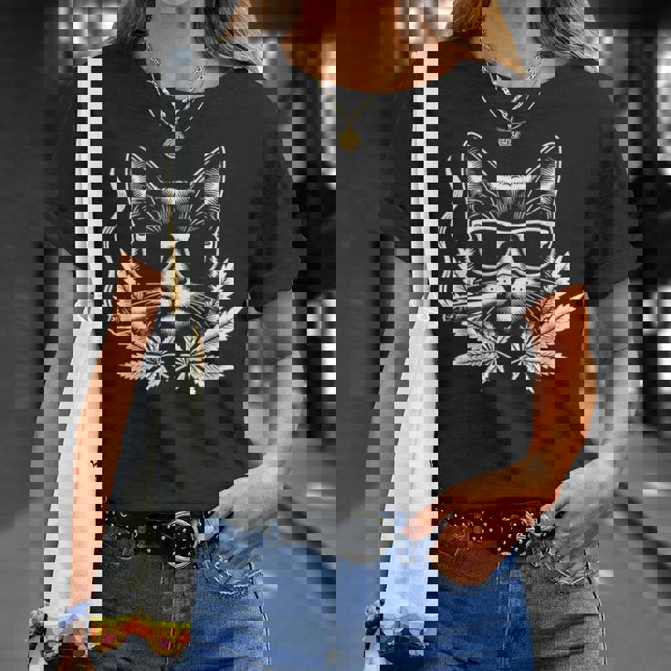 レトロな猫 サングラス付き 喫煙 大麻 雑草 葉 Tシャツ 彼女への贈り物