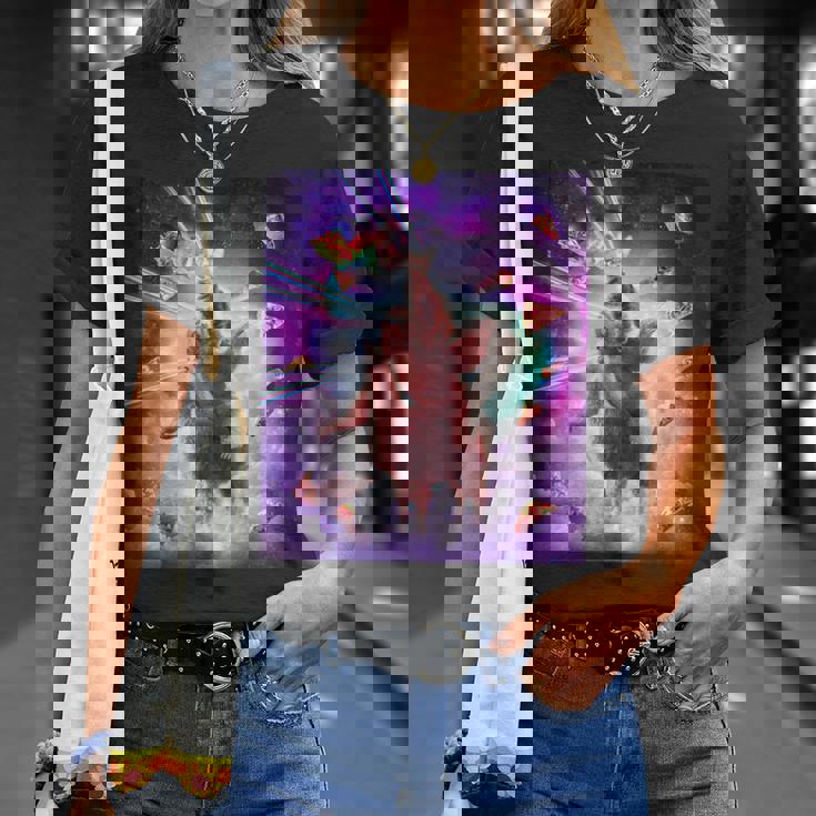 レーザーアイズスペースキャットライディングナマケモノ、ラマ-レインボー Tシャツ 彼女への贈り物