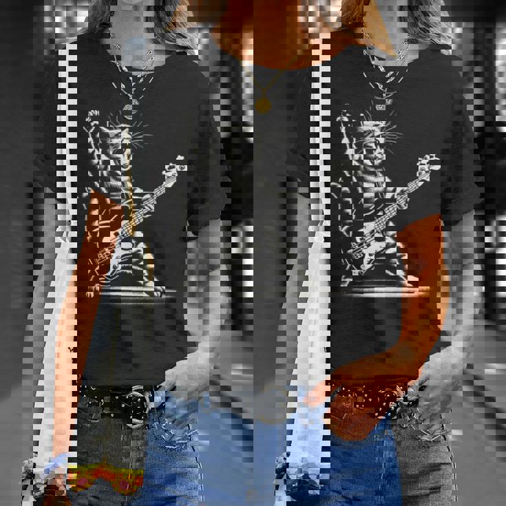 ロッキーキャット ベースギター4面エレキベースプレーヤー Tシャツ 彼女への贈り物