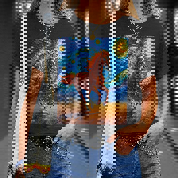 ヴァンゴッホの星空の夜ワイルドホースマスタングアニマル愛好家 Tシャツ 彼女への贈り物