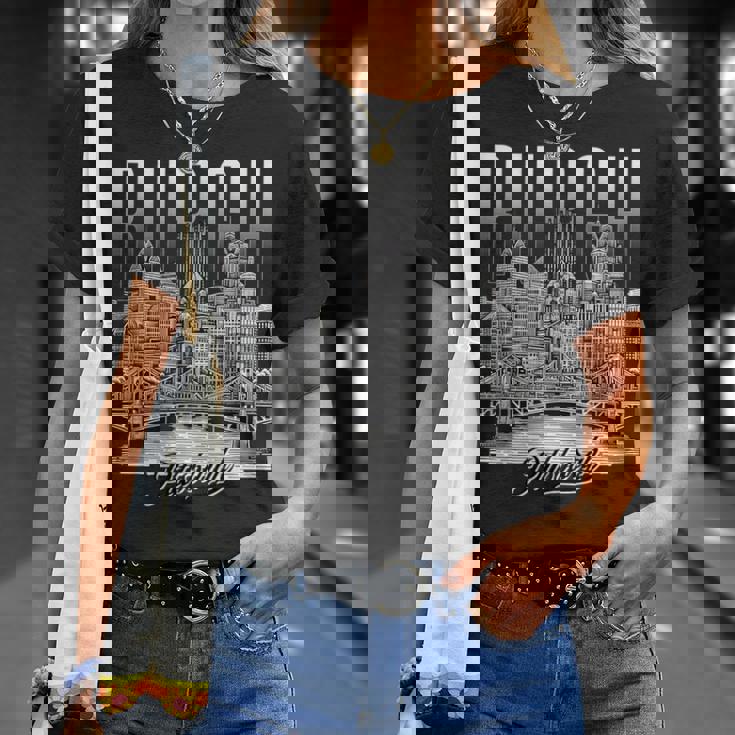 ヴィンテージ ピッツバーグ スカイライン ドローイング バーグ スチール シティ ブリッジ Tシャツ 彼女への贈り物