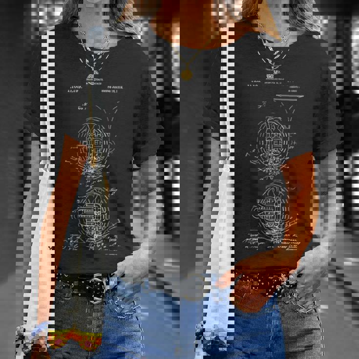 ヴィンテージ 特許プリント 1914 フレンチホルン奏者 Tシャツ 彼女への贈り物