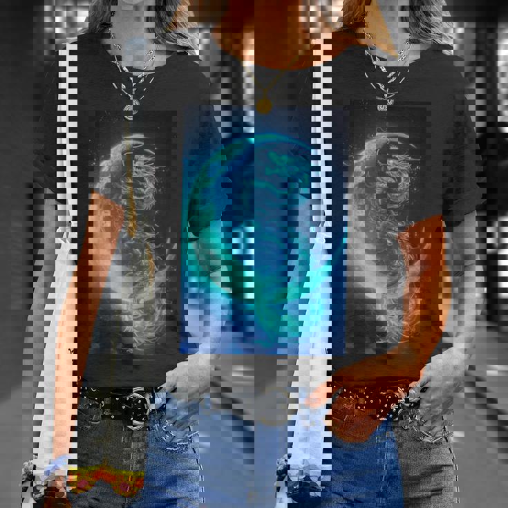 三日月のドラゴン ブルーギャラクシー天文学 アート Tシャツ 彼女への贈り物