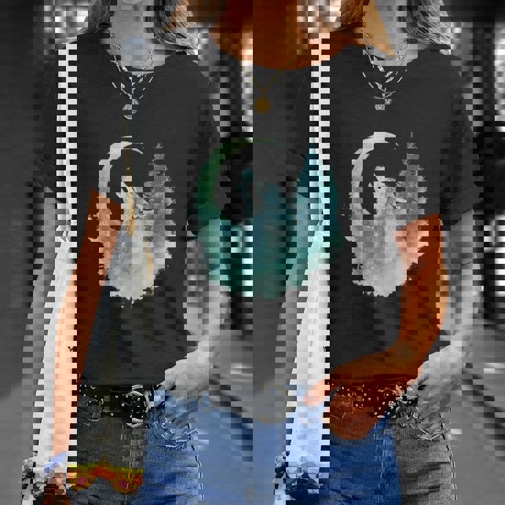 三日月の下で遠吠えするオオカミ 野生動物 Tシャツ 彼女への贈り物