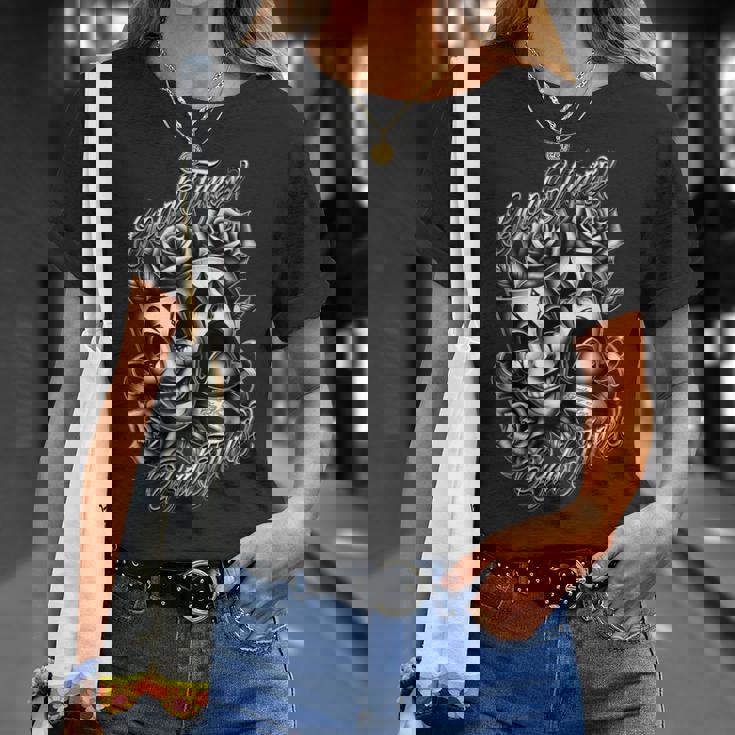 今笑って、後で泣こう。タトゥー チカーノ・アート ピエロの仮面 ローライダー Tシャツ 彼女への贈り物