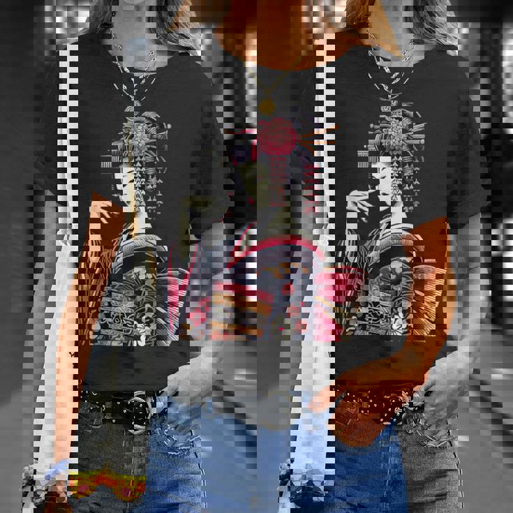 伝統的な着物のエレガントな日本の芸者のイラスト Tシャツ 彼女への贈り物