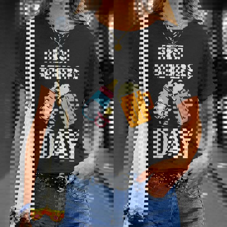 初めての父の日 ビール ミルク 新しいお父さん お父さん 若い親 Tシャツ 彼女への贈り物